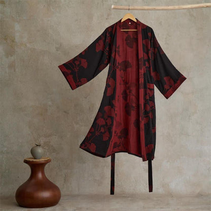 Großer Kimono-Bademantel aus Baumwolle mit Ginkgoblättern - Schwarz & Rot - 2XL - image 13