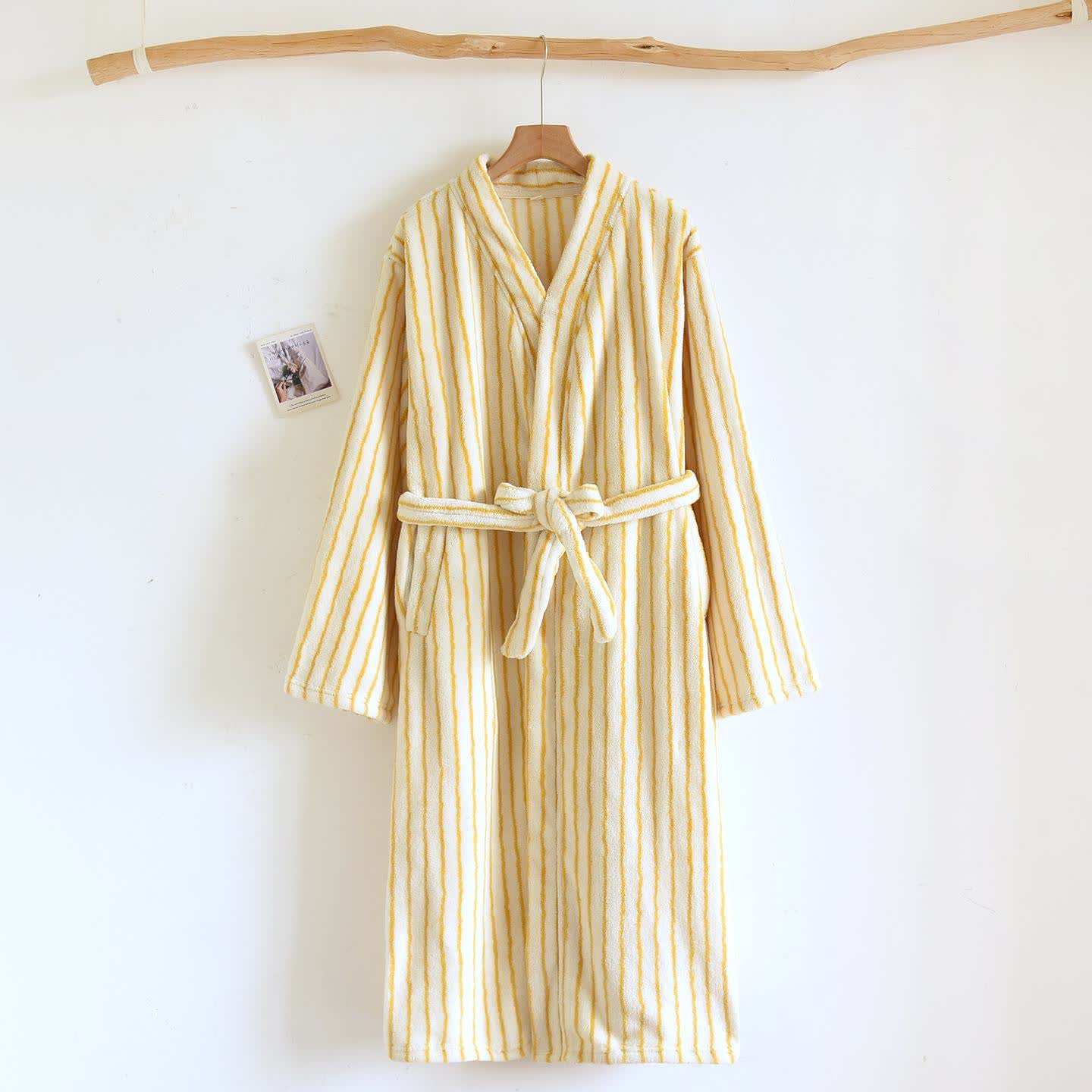 Einfacher, gestreifter, warmer Flanell-Bademantel - Beige & Gelb - L - image 13