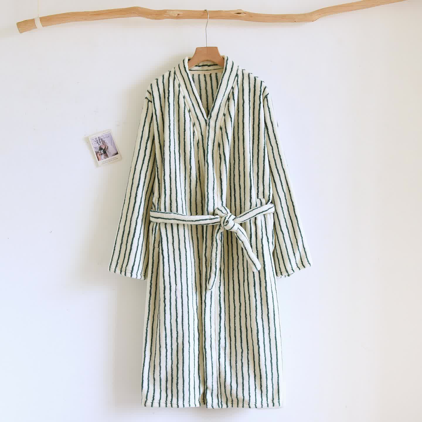 Einfacher, gestreifter, warmer Flanell-Bademantel - Beige & Grün - L - image 12