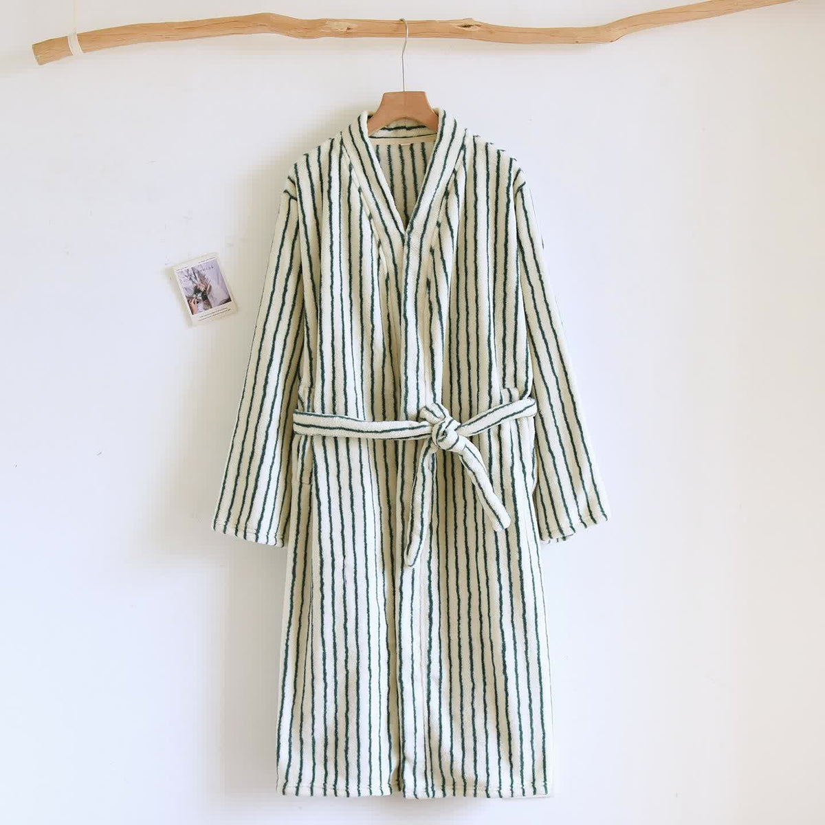 Einfacher, gestreifter, warmer Flanell-Bademantel - Beige & Grün - L - image 12