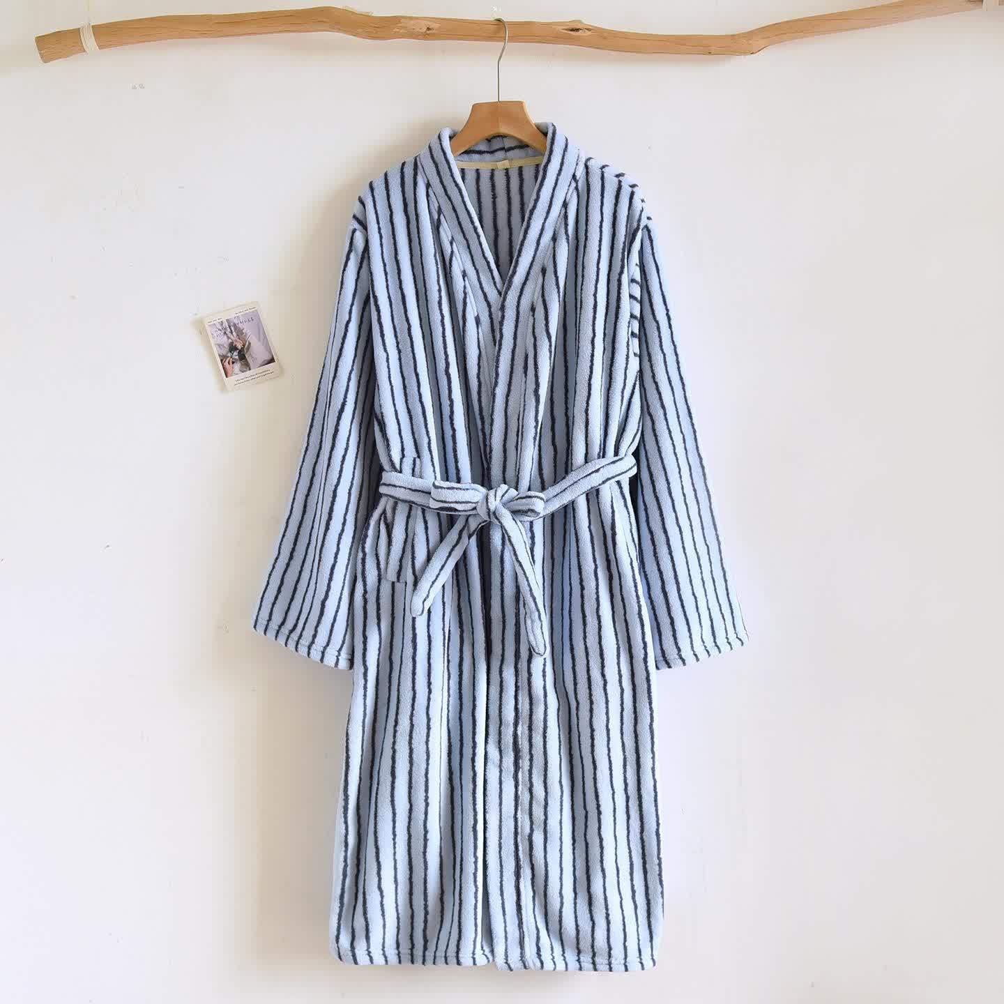 Einfacher, gestreifter, warmer Flanell-Bademantel - Marineblau - L - image 3