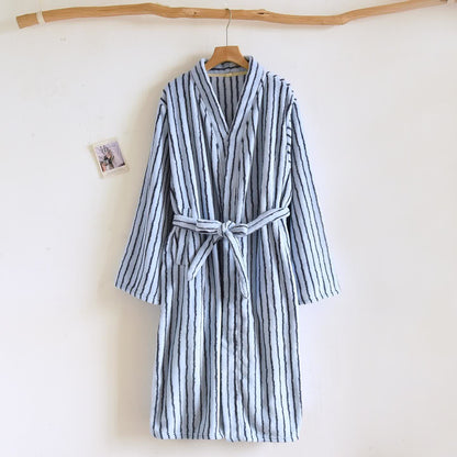 Einfacher, gestreifter, warmer Flanell-Bademantel - Marineblau - L - image 3