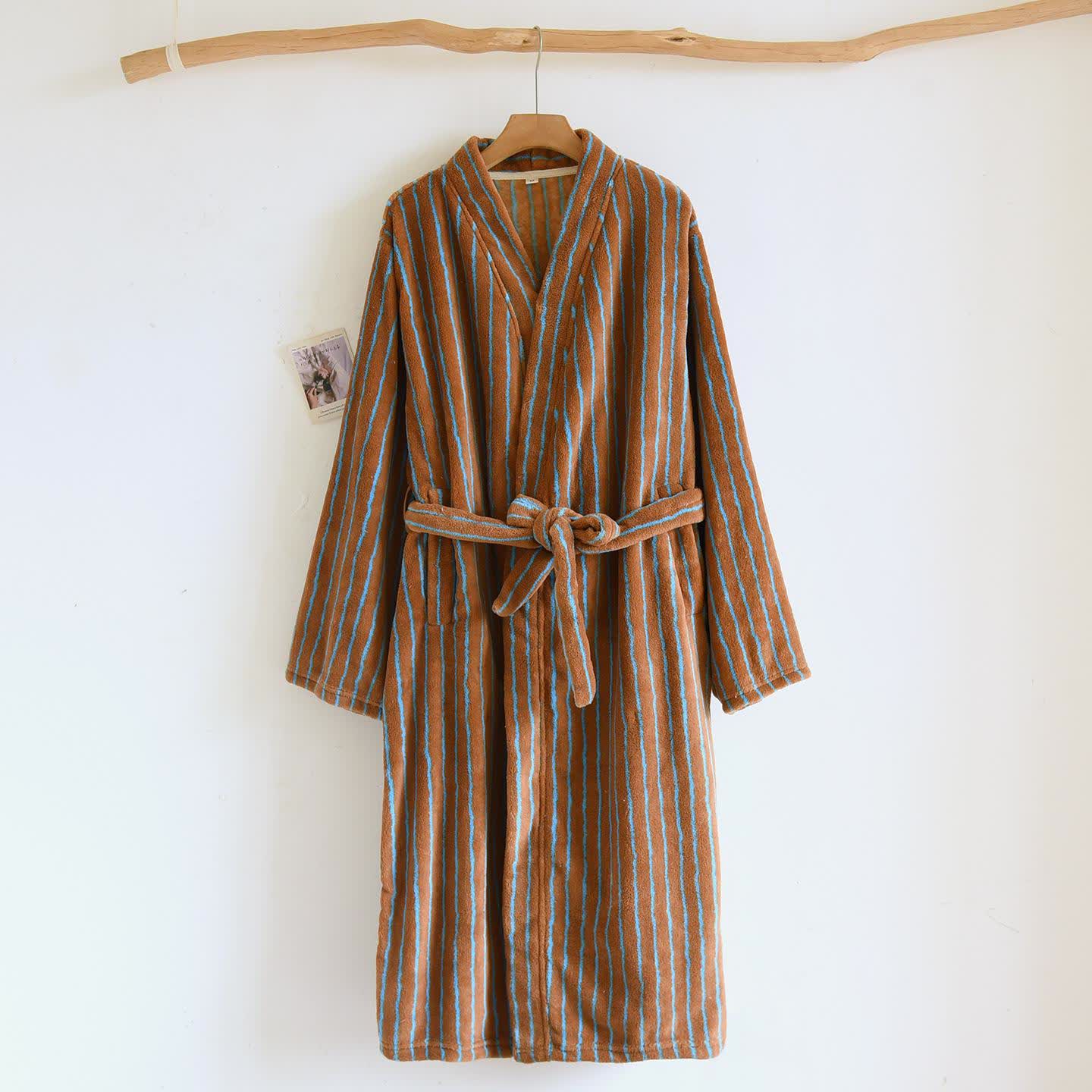 Einfacher, gestreifter, warmer Flanell-Bademantel - Braun & Blau - L - image 14