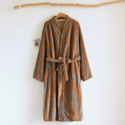 Einfacher, gestreifter, warmer Flanell-Bademantel - Braun & Blau - L - image 14