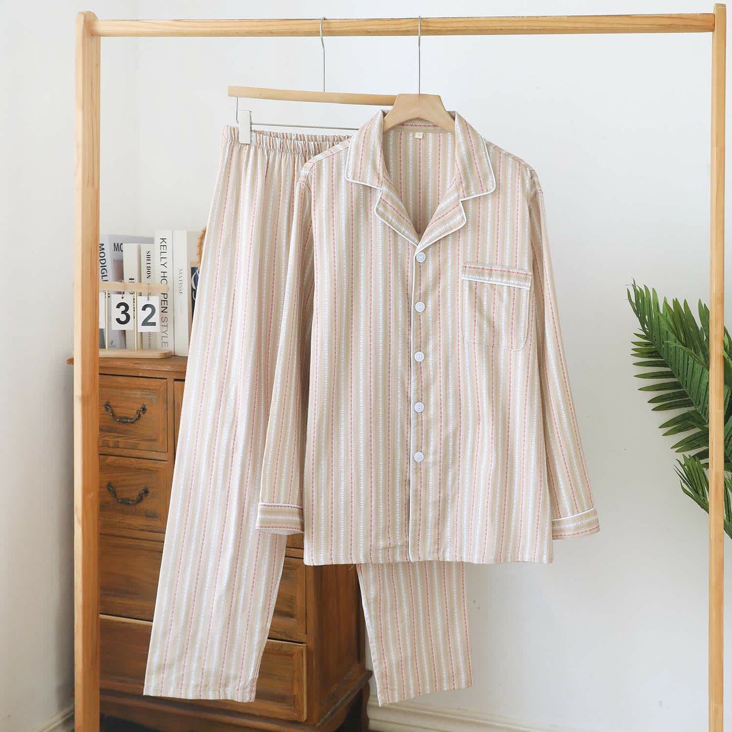 Passendes Loungewear-Set aus gestreifter Baumwollgaze - Khaki - Männer - XXL - image 8
