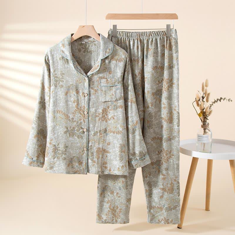 Loungewear-Set aus Baumwollgaze mit pastoralen Blättern - Grau - XL - image 2