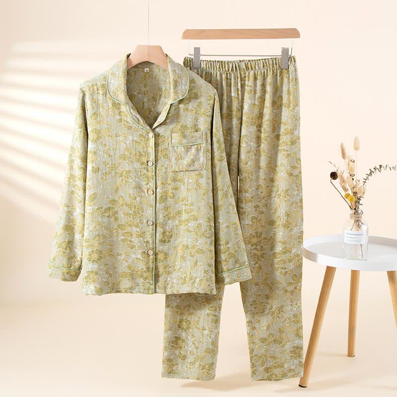Loungewear-Set aus Baumwollgaze mit pastoralen Blättern - Grün - XL - image 3
