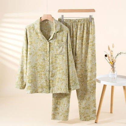 Loungewear-Set aus Baumwollgaze mit pastoralen Blättern - Grün - XL - image 3