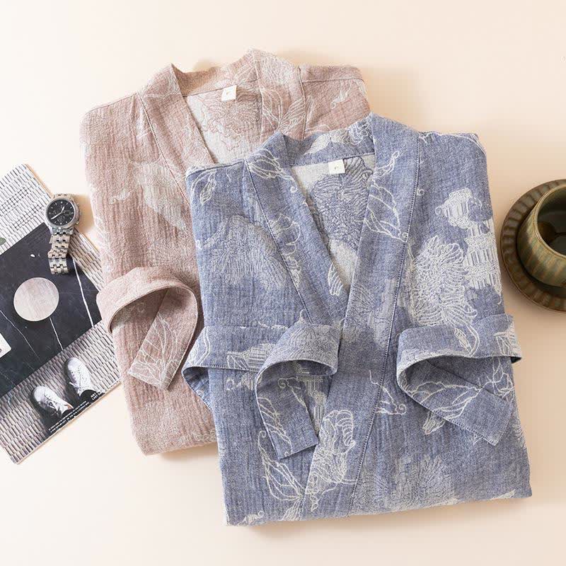 Kimono-Bademantel aus Baumwollleinen mit Blumenmuster - image 1