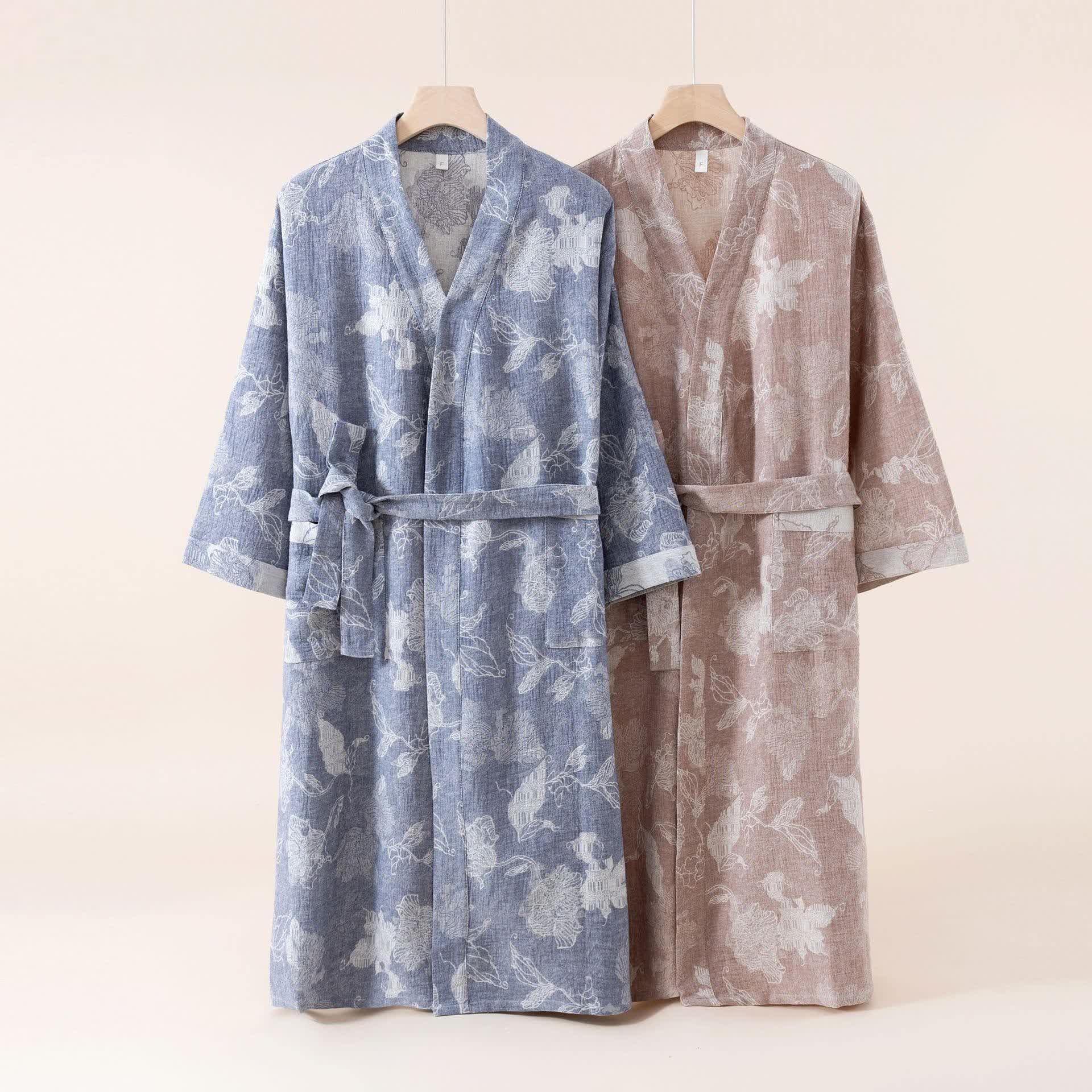 Kimono-Bademantel aus Baumwollleinen mit Blumenmuster - image 0