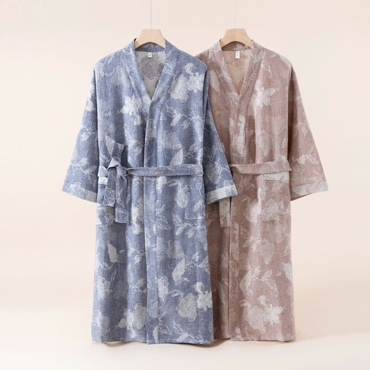 Kimono-Bademantel aus Baumwollleinen mit Blumenmuster - image 0