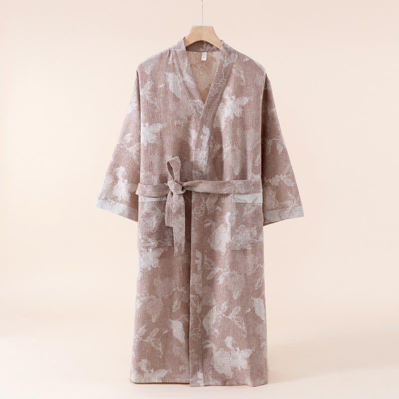 Kimono-Bademantel aus Baumwollleinen mit Blumenmuster - Khaki - Einheitsgröße - image 9