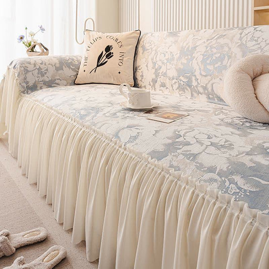 Sofaschoner aus Chenille mit französischem Rüschenmuster und Blumenmuster - Blau - 180cm x 340cm - image 0