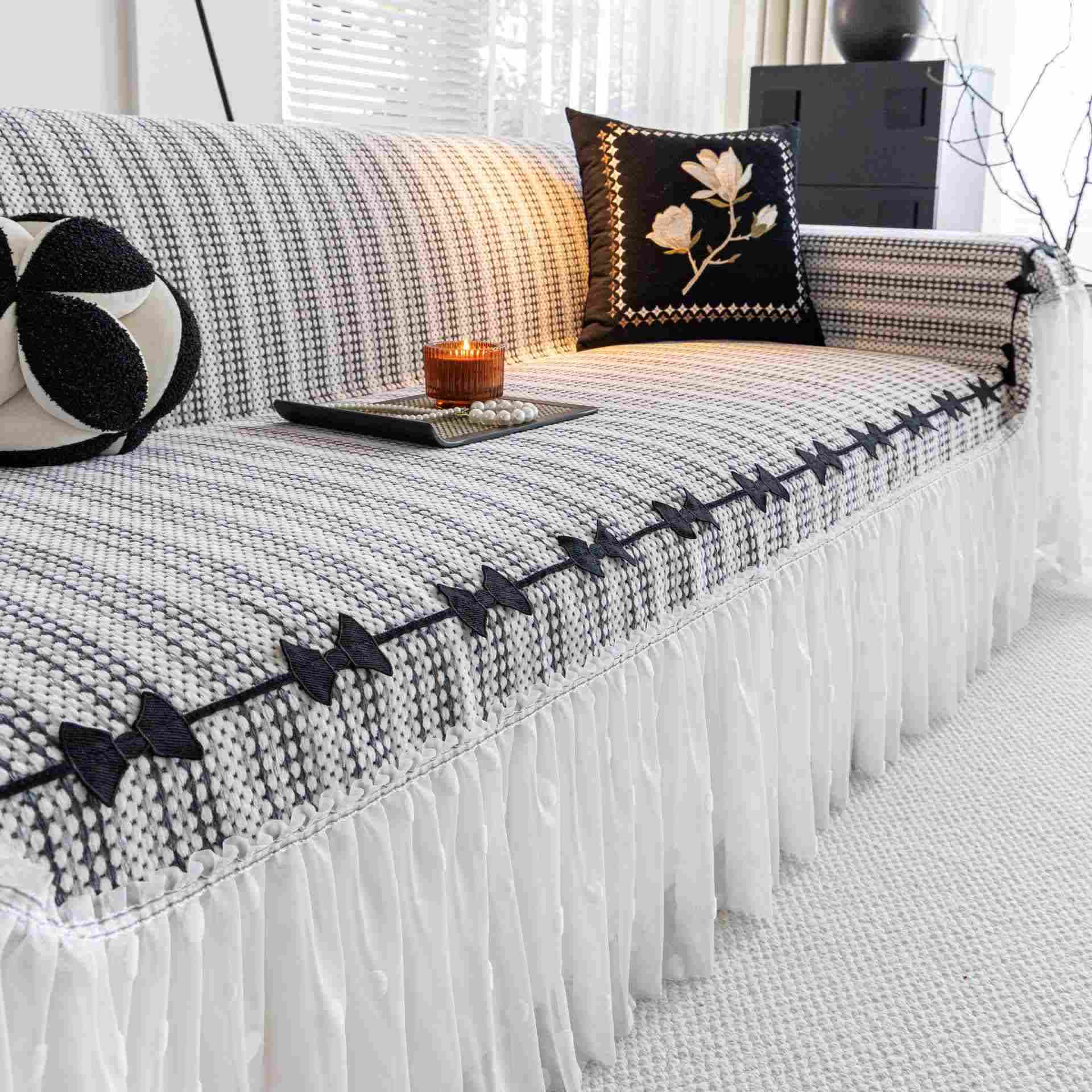 Sofaschoner aus Chenille mit Schleife und Rüschen - Grau - 180cm x 340cm - image 5