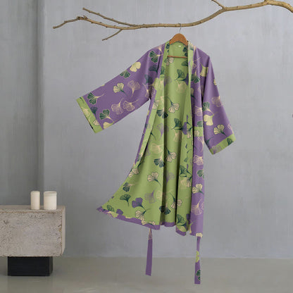 Kimono-Bademantel aus Baumwollgaze „Ginkgo Biloba“ - Lila & Grün - 2XL - image 28