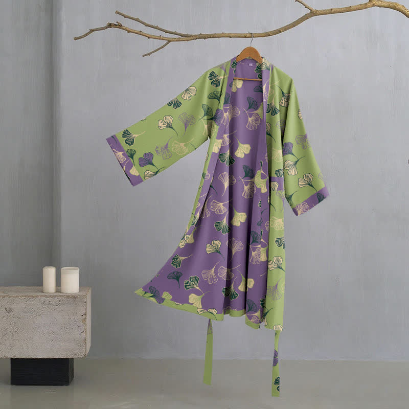 Kimono-Bademantel aus Baumwollgaze „Ginkgo Biloba“ - Grün & Lila - 2XL - image 32
