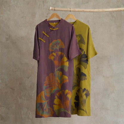 Cheongsam-Nachthemd aus Baumwolle mit Ginkgoblatt-Print - image 0