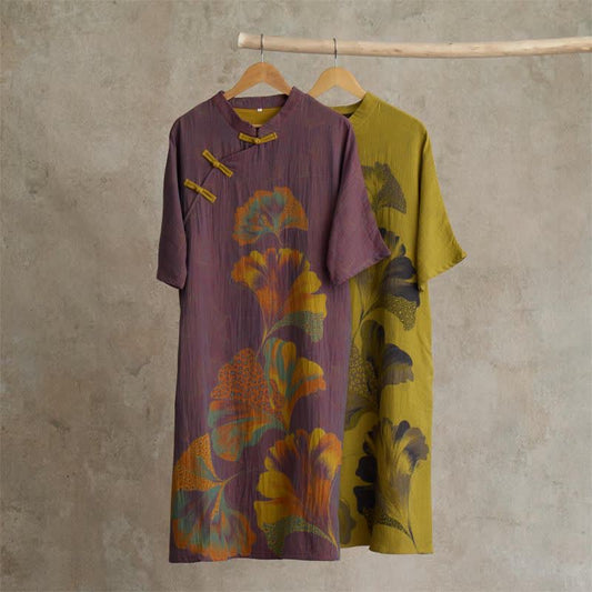 Cheongsam-Nachthemd aus Baumwolle mit Ginkgoblatt-Print - image 0