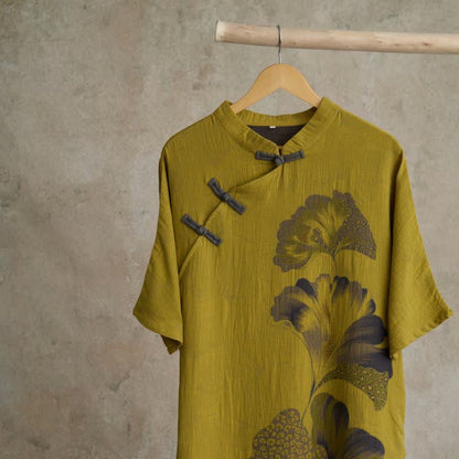 Cheongsam-Nachthemd aus Baumwolle mit Ginkgoblatt-Print - image 7