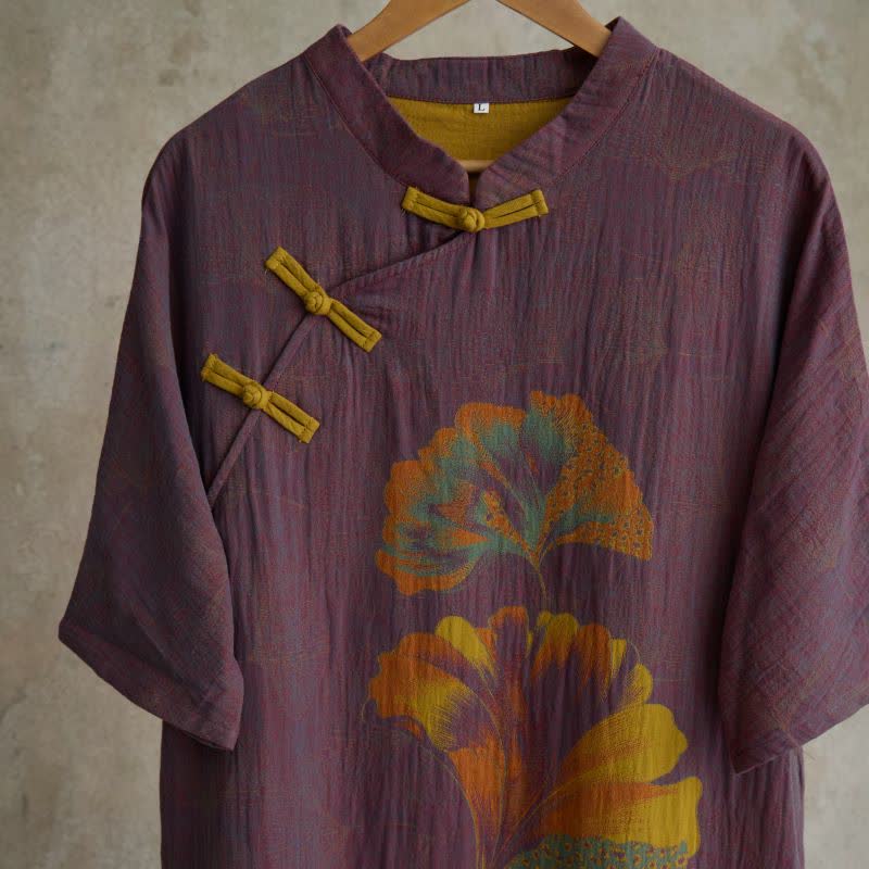 Cheongsam-Nachthemd aus Baumwolle mit Ginkgoblatt-Print - image 2