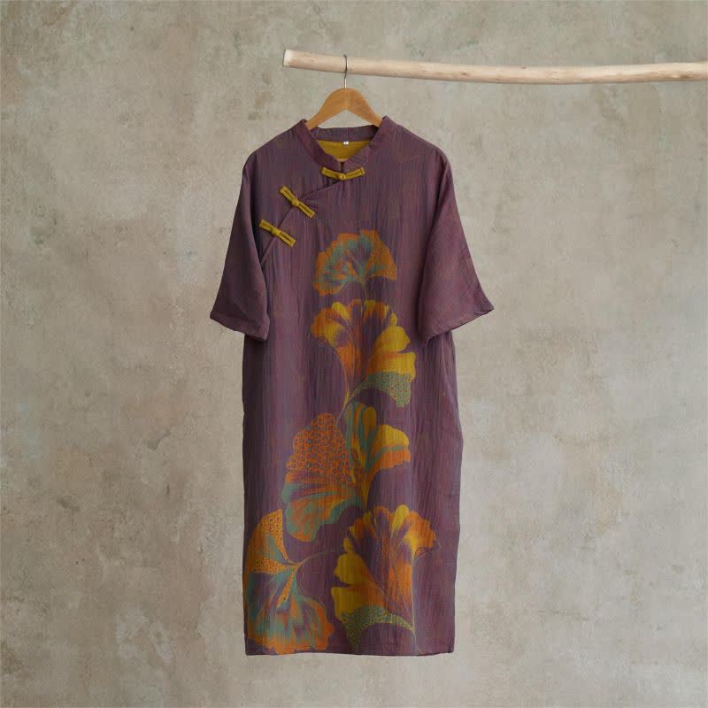 Cheongsam-Nachthemd aus Baumwolle mit Ginkgoblatt-Print - Lila - Einheitsgröße - image 1