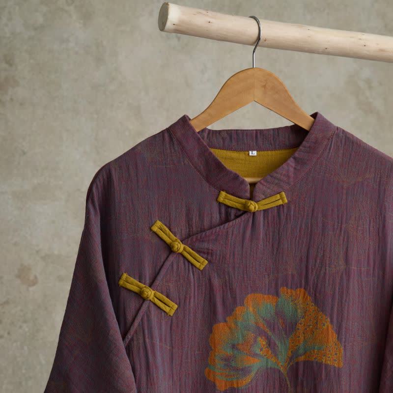 Cheongsam-Nachthemd aus Baumwolle mit Ginkgoblatt-Print - image 3