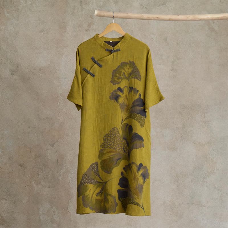 Cheongsam-Nachthemd aus Baumwolle mit Ginkgoblatt-Print - Gelb - Einheitsgröße - image 6