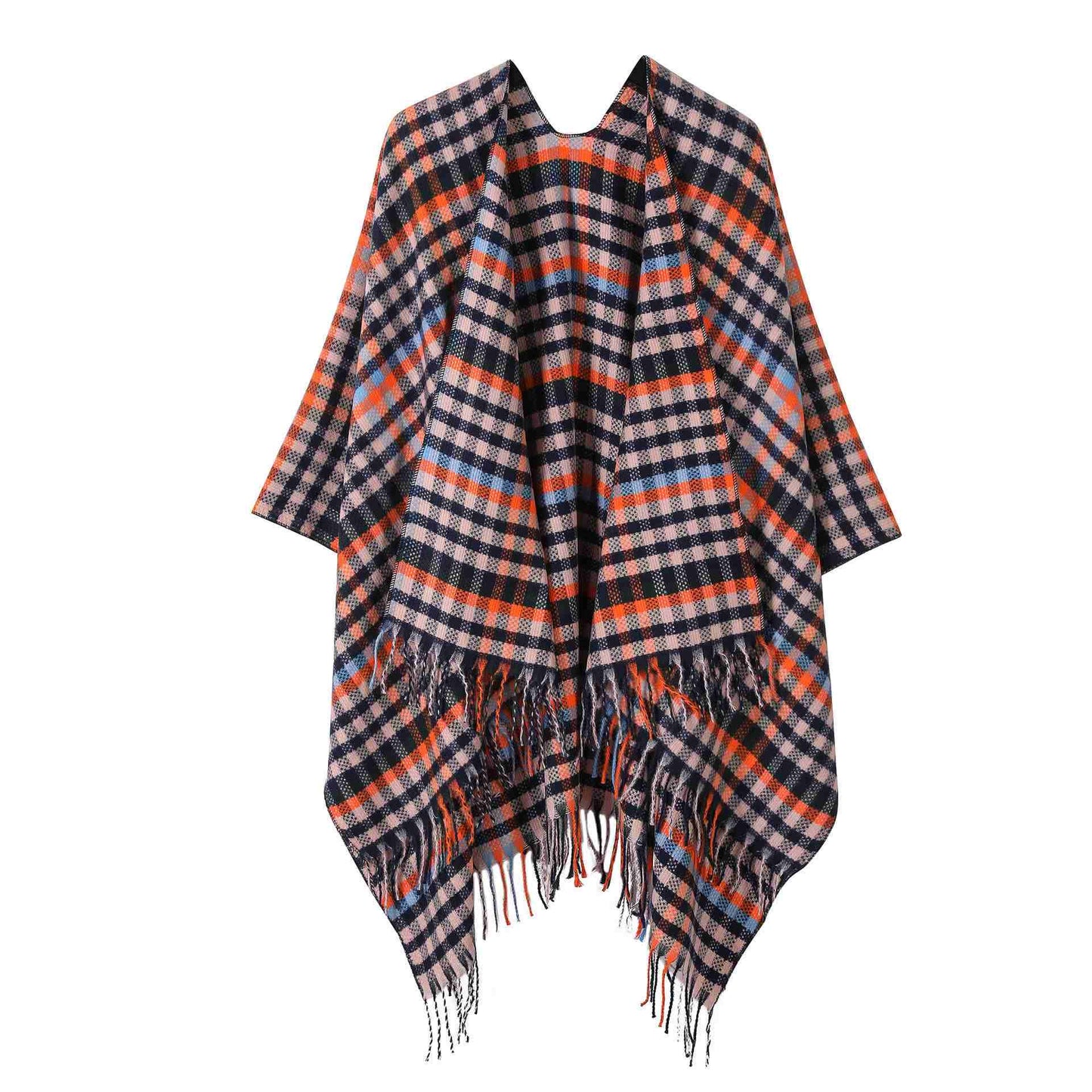 Vintage Kariertes Reise-Schal-Cape mit Quaste - Schwarz & Orange - 135cm x 160cm - image 6