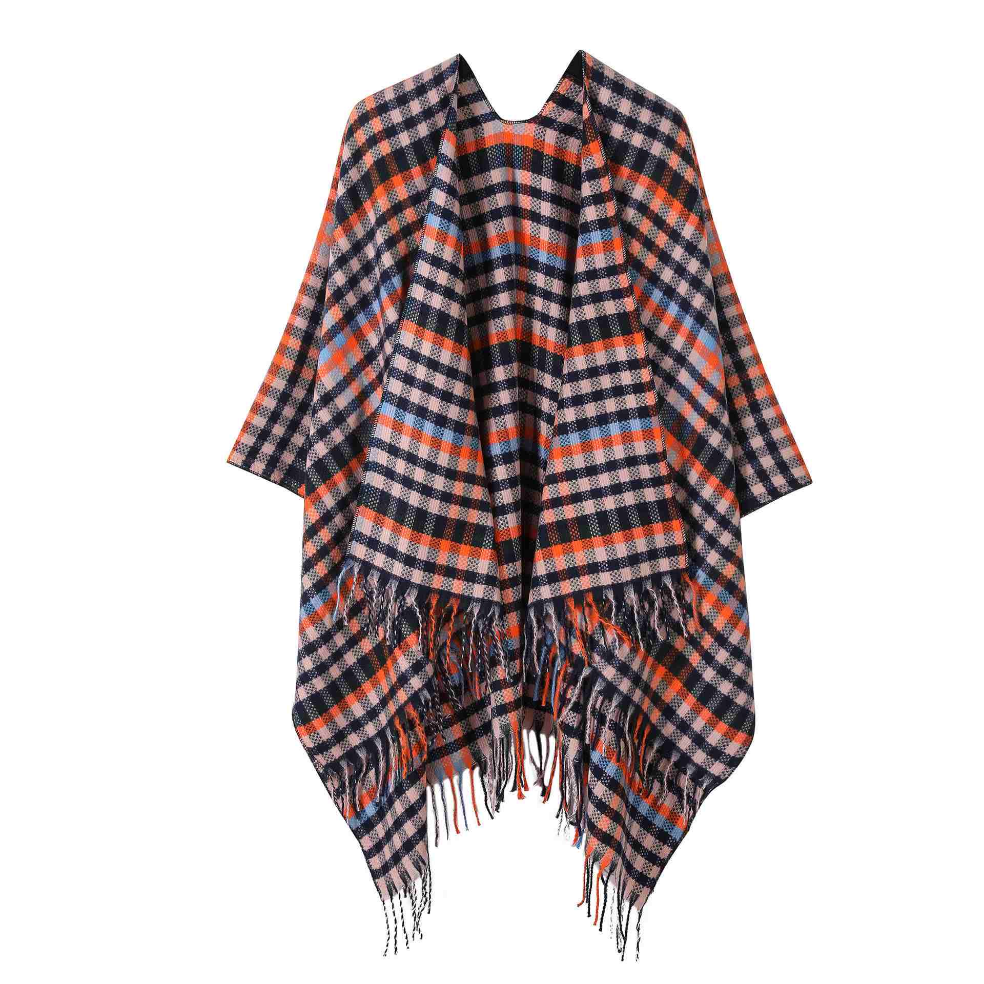 Vintage Kariertes Reise-Schal-Cape mit Quaste - Schwarz & Orange - 135cm x 160cm - image 6