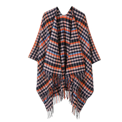 Vintage Kariertes Reise-Schal-Cape mit Quaste - Schwarz & Orange - 135cm x 160cm - image 6