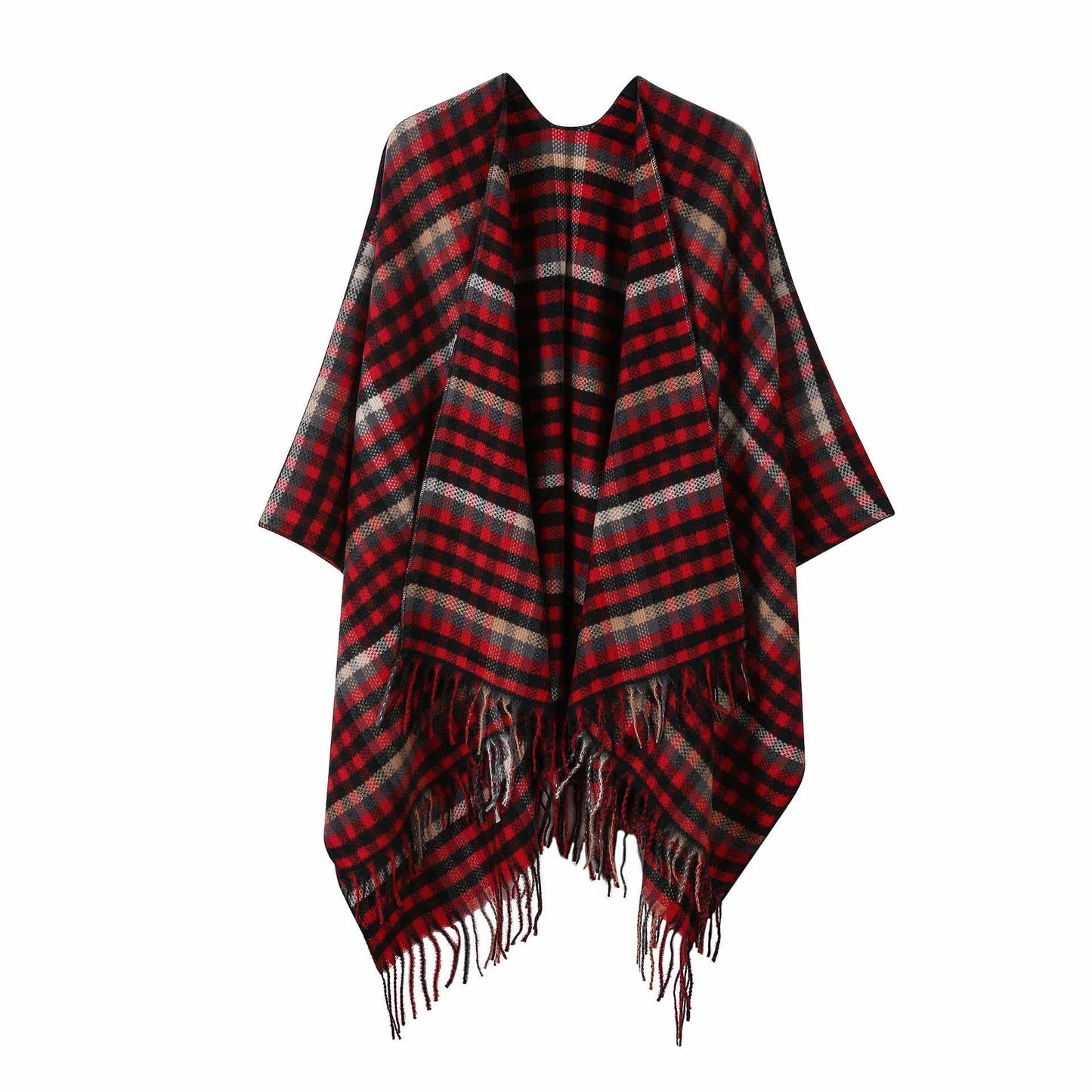 Vintage Kariertes Reise-Schal-Cape mit Quaste - Schwarz & Rot - 135cm x 160cm - image 7