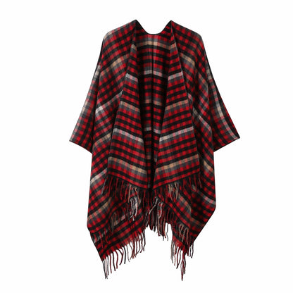 Vintage Kariertes Reise-Schal-Cape mit Quaste - Schwarz & Rot - 135cm x 160cm - image 7