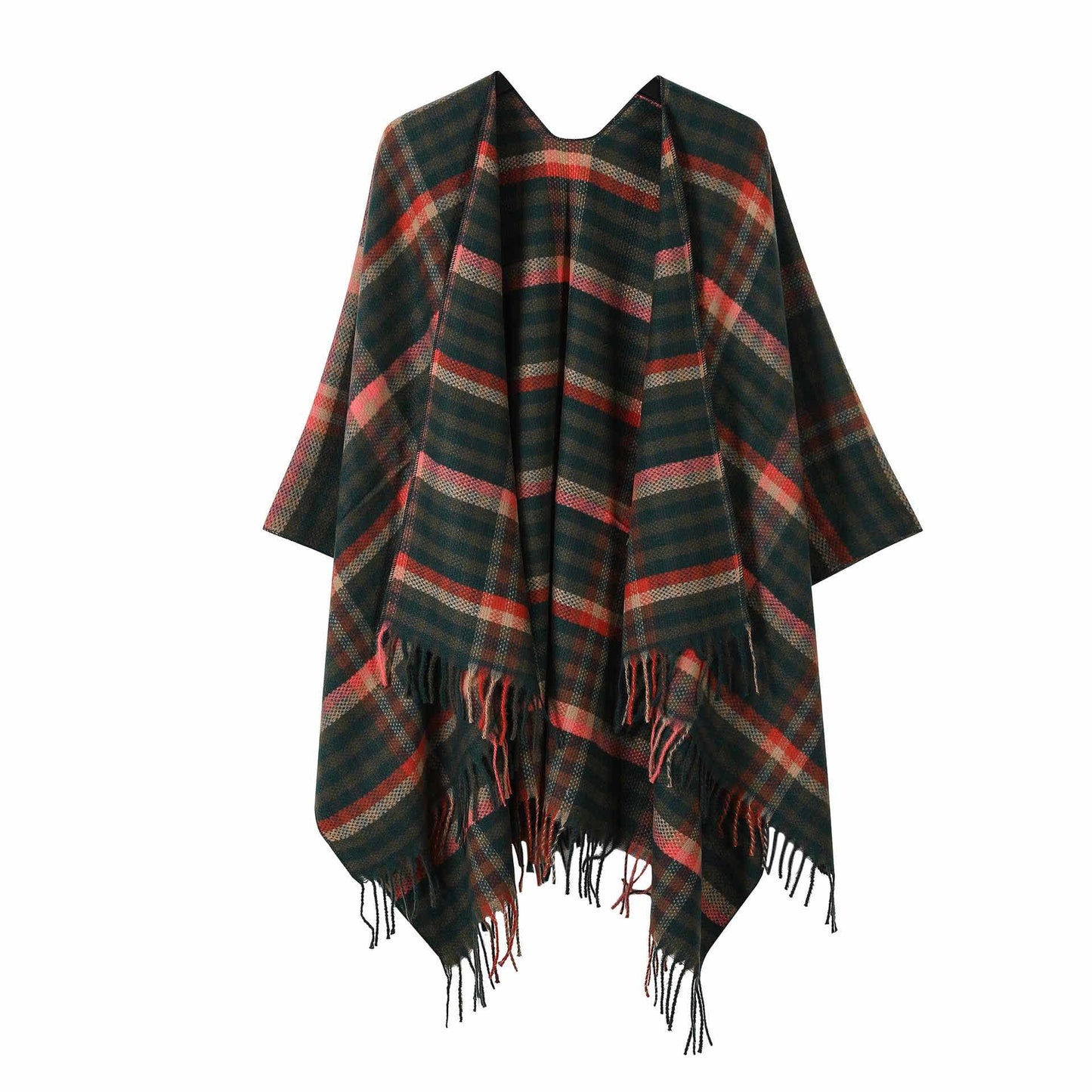 Vintage Kariertes Reise-Schal-Cape mit Quaste - Dunkelgrün - 135cm x 160cm - image 1