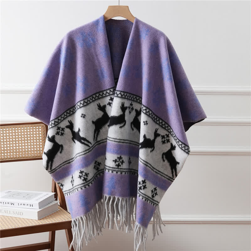 Elch-Schneeflocken-Quasten-Schal-Cape - Hellviolett - 110cm x 170cm - image 4