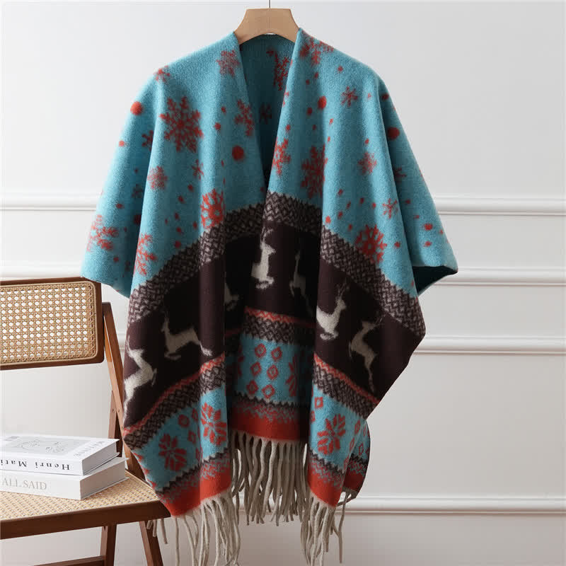 Elch-Schneeflocken-Quasten-Schal-Cape - Blau - 110cm x 170cm - image 5