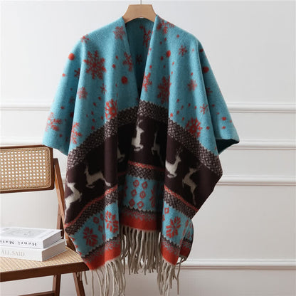 Elch-Schneeflocken-Quasten-Schal-Cape - Blau - 110cm x 170cm - image 5