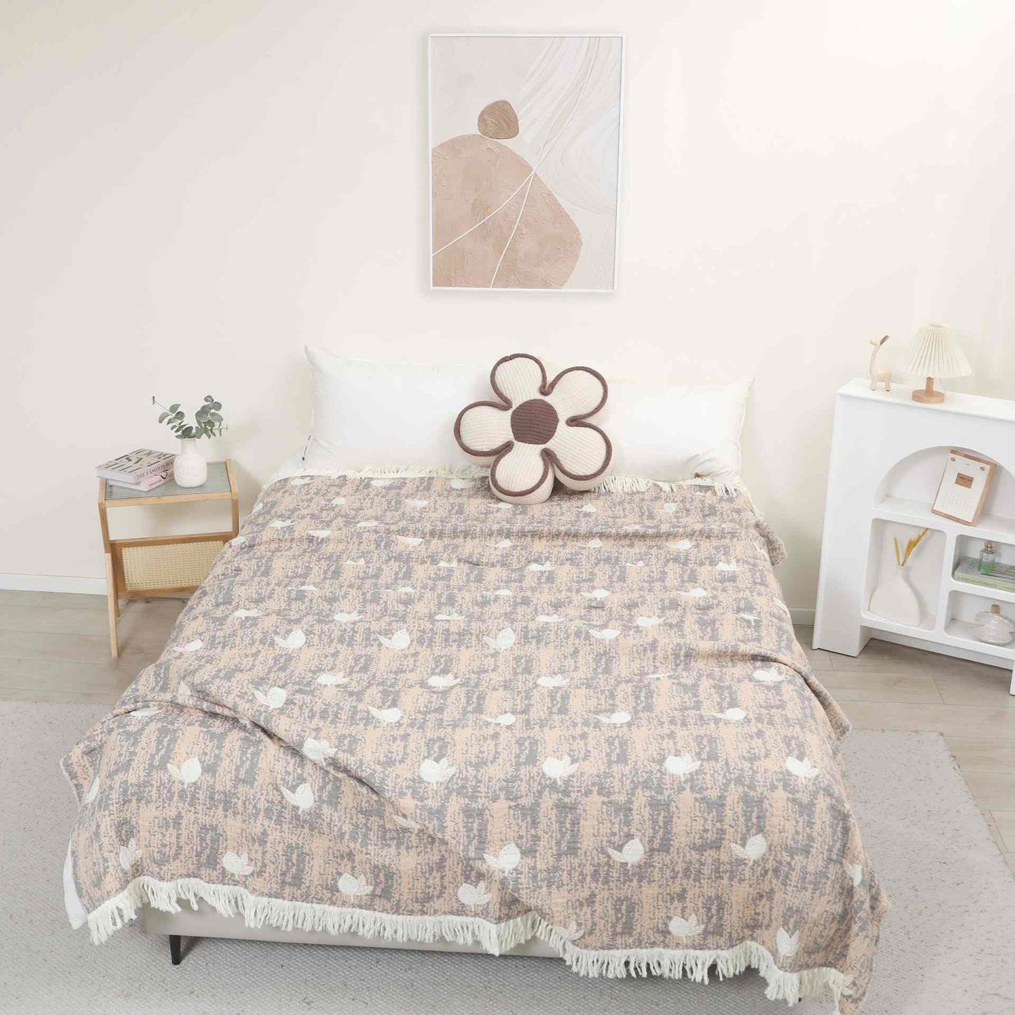 Zitronenfarbene Steppdecke mit Quasten aus natürlicher Baumwollgaze - Braun - 200cm x 230cm - image 0