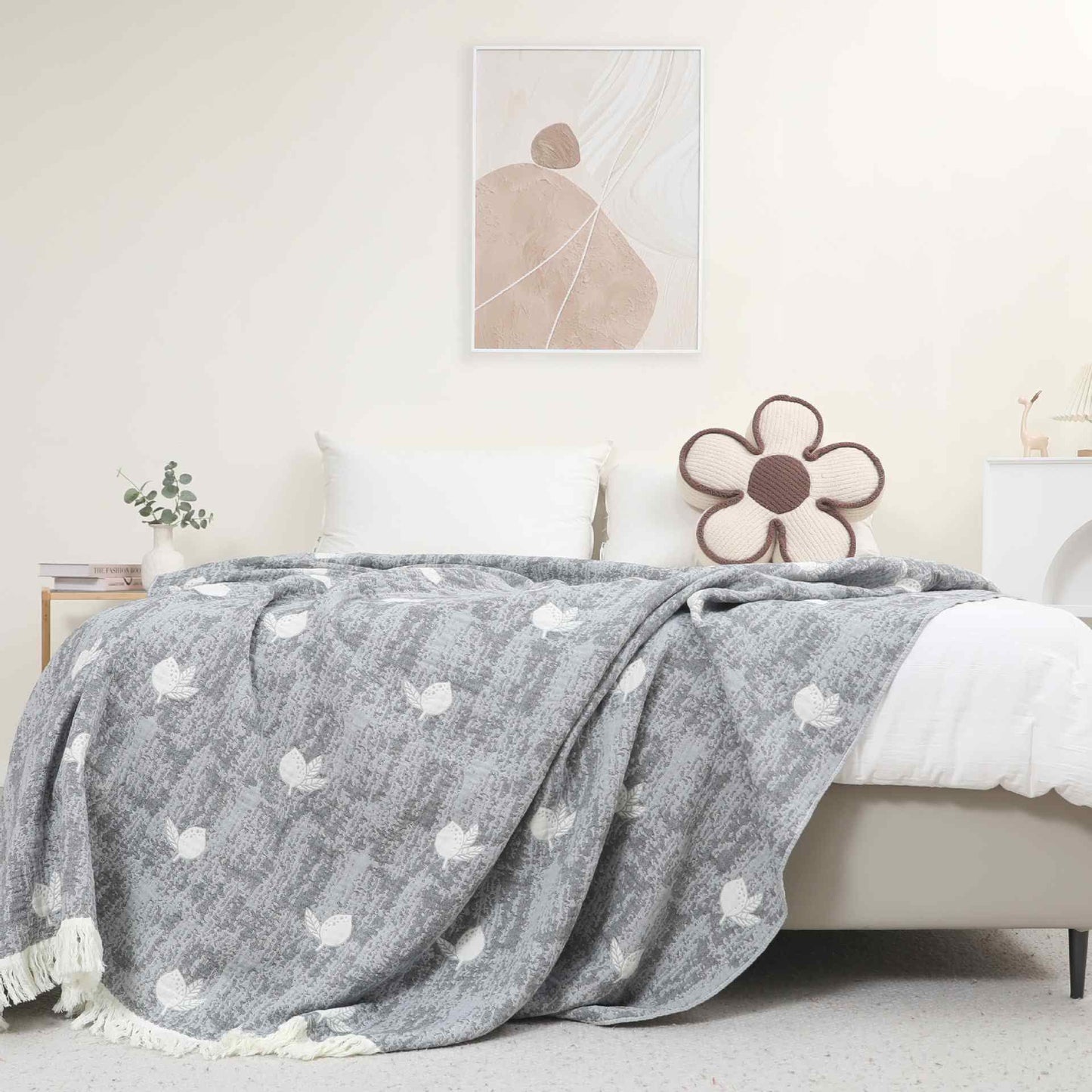 Zitronenfarbene Steppdecke mit Quasten aus natürlicher Baumwollgaze - Grau - 200cm x 230cm - image 3