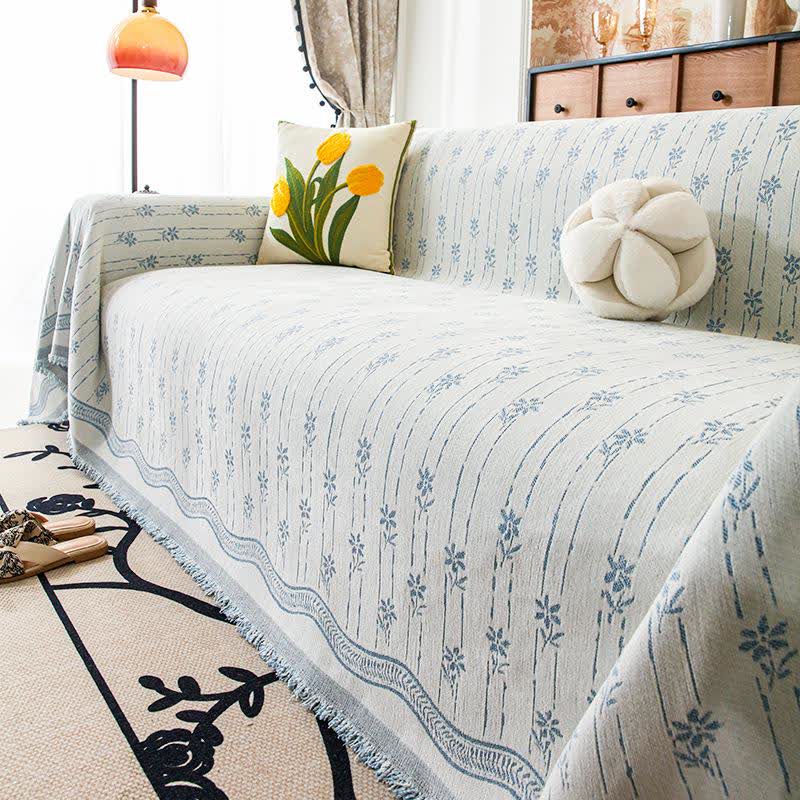 Sofadecke aus Chenille mit gestreiftem Blumenmuster - Blau - 180cm x 340cm - image 5