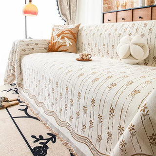 Sofadecke aus Chenille mit gestreiftem Blumenmuster - Beige - 180cm x 340cm - image 0
