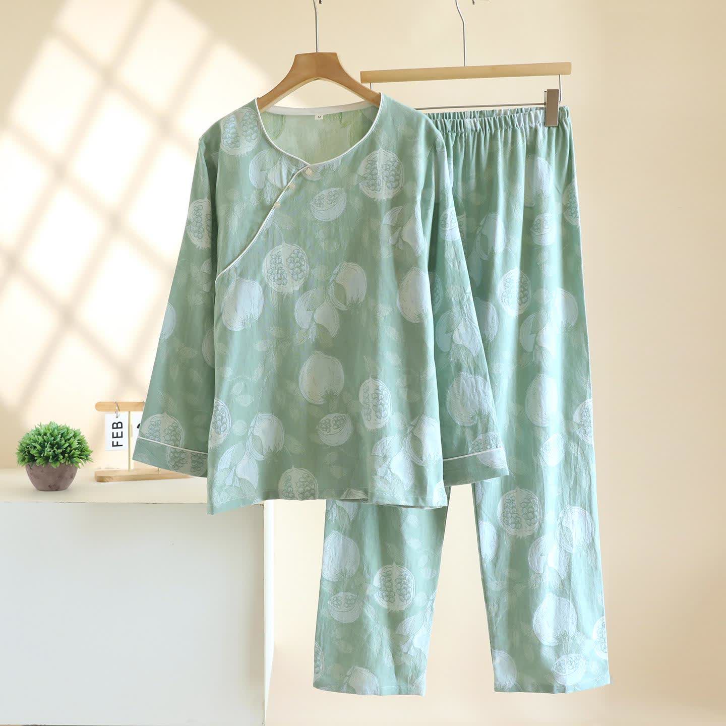 Vintage Granatapfel Baumwollgaze Loungewear Set - Hellgrün - XL - image 13