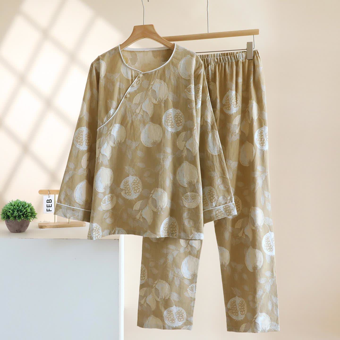 Vintage Granatapfel Baumwollgaze Loungewear Set - Dunkelgelb - XL - image 14