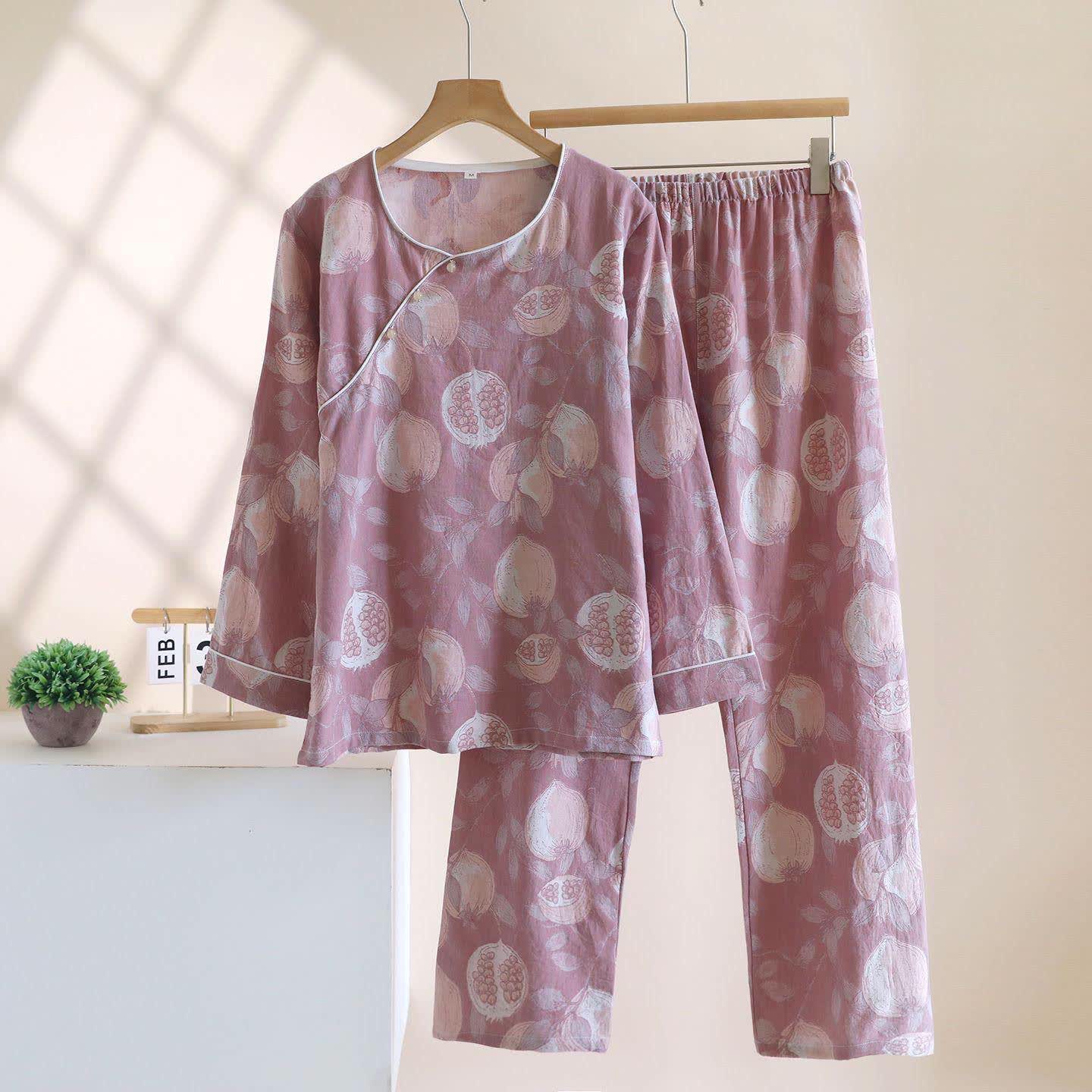 Vintage Granatapfel Baumwollgaze Loungewear Set - Lila - XL - image 2