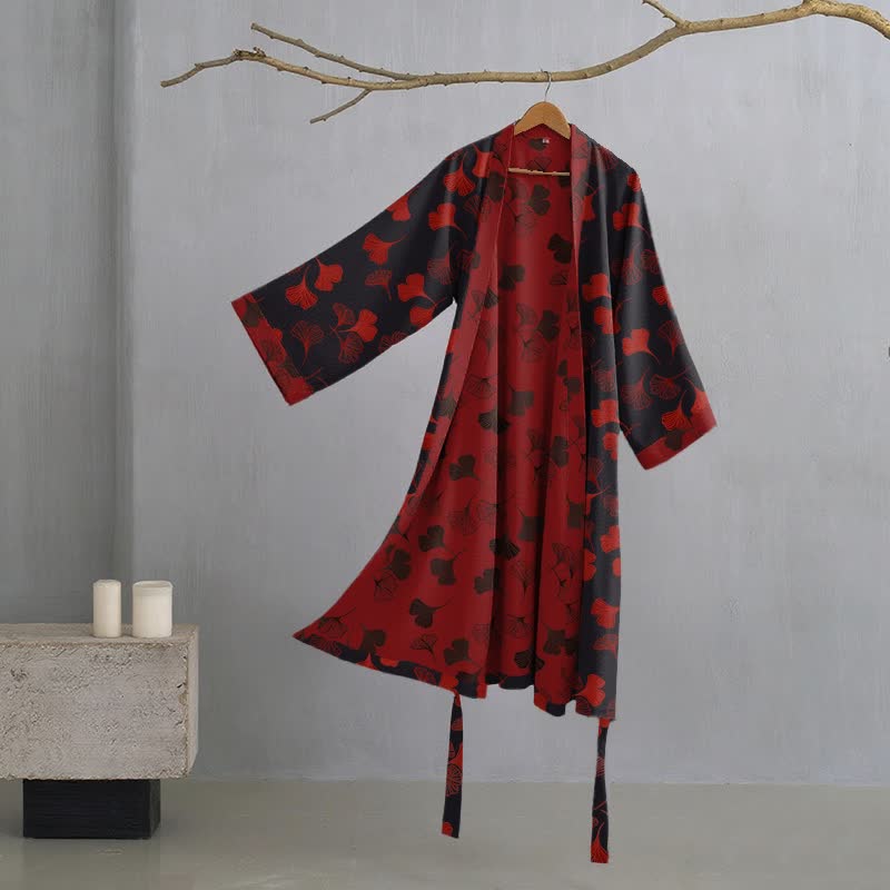 Kimono-Bademantel aus Baumwollgaze „Ginkgo Biloba“ - Schwarz & Rot - 2XL - image 36
