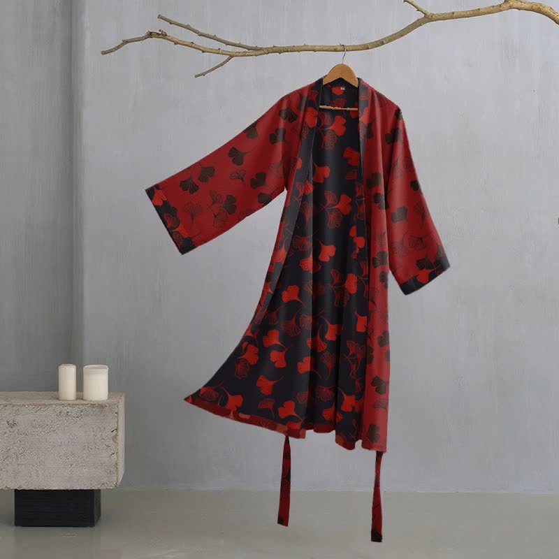 Kimono-Bademantel aus Baumwollgaze „Ginkgo Biloba“ - Rot & Schwarz - 2XL - image 38