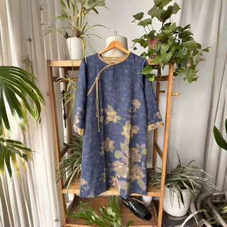 Nachthemd aus Baumwollgaze mit Blumenmuster im orientalischen Stil - Blau - L - image 0