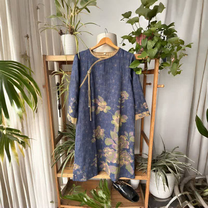 Nachthemd aus Baumwollgaze mit Blumenmuster im orientalischen Stil - Blau - L - image 0