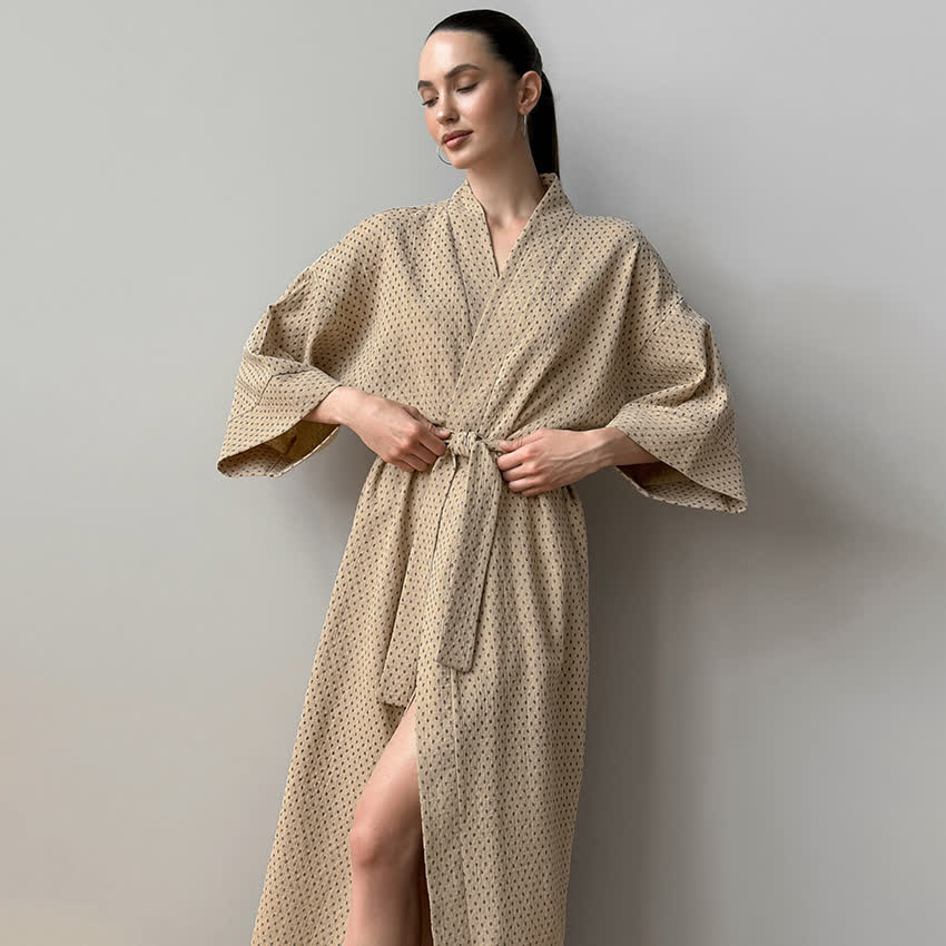 Langer Bademantel aus Baumwolle mit Punktemuster - Khaki - L - image 8
