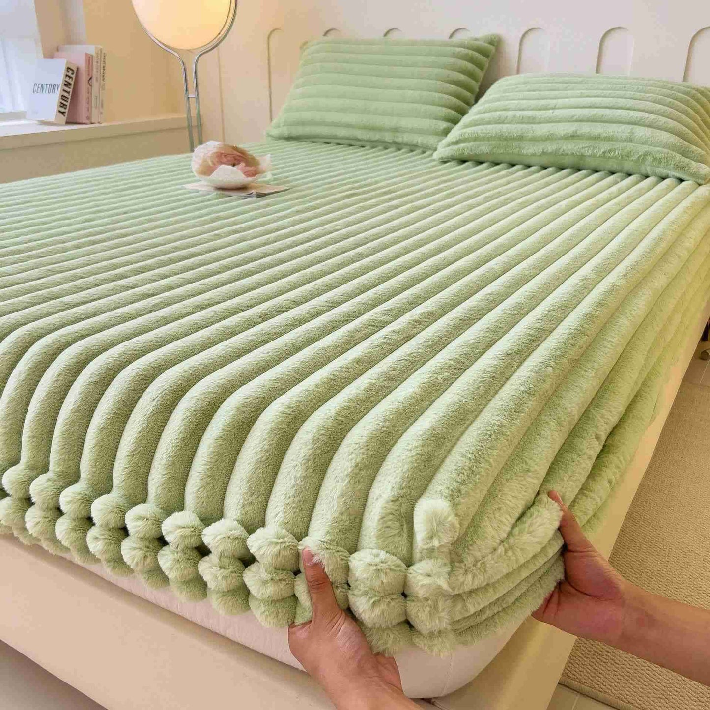 Einfaches, warmes Spannbettlaken aus Plüschfleece - Grün - Laken mit 2 Kissenbezügen - 200cm x 230cm - image 11
