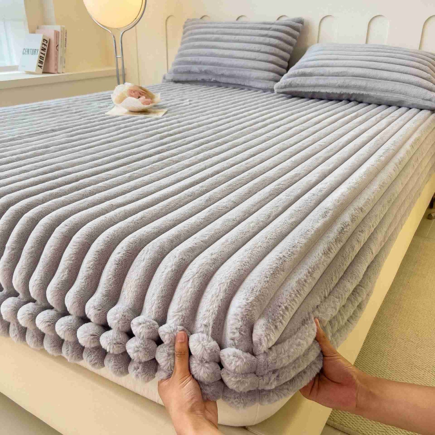 Einfaches, warmes Spannbettlaken aus Plüschfleece - Grau - Laken mit 2 Kissenbezügen - 200cm x 230cm - image 5